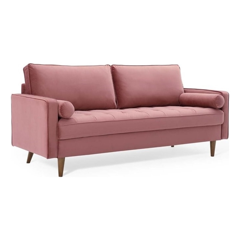 Pemberly Row Modern Velvet Sofa in Dusty Rose with Walnut Legs