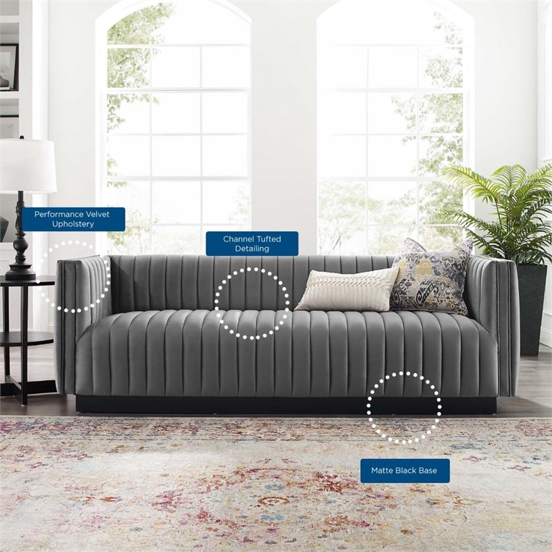 Pemberly Row Channel Tufted Velvet Sofa in Grey Fabric Finish