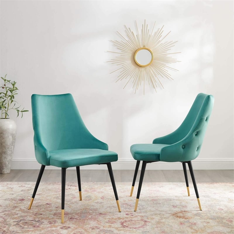 Pemberly Row Modern Velvet Dining Side Chairs in Teal & Gold (Set of 2)