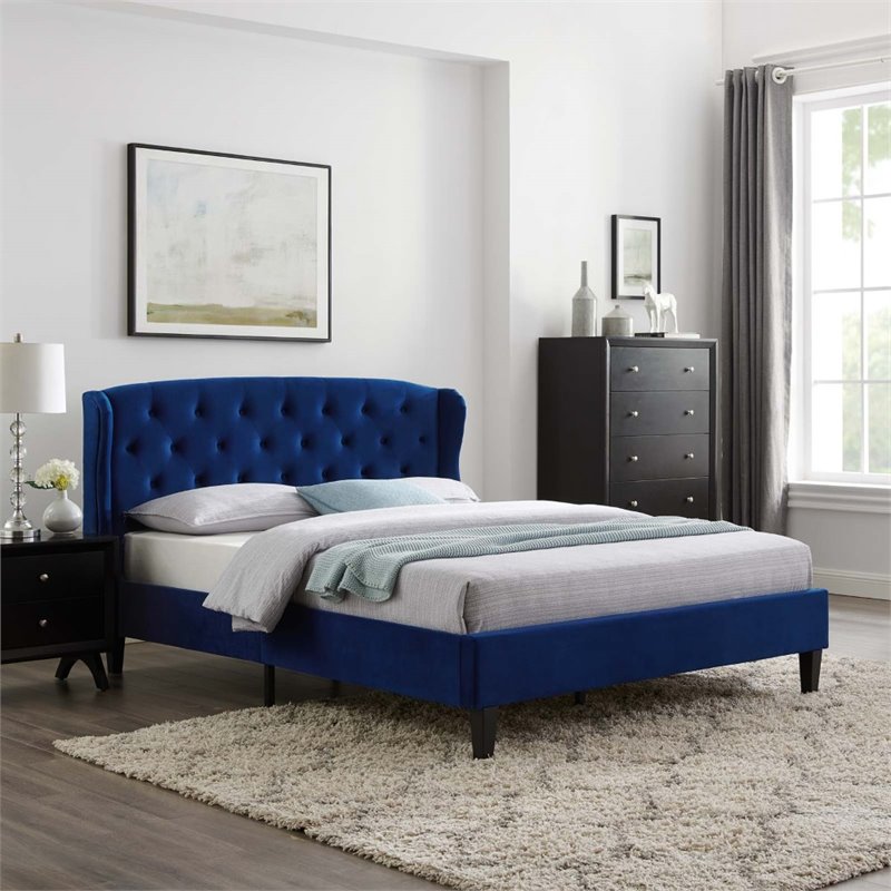 Pemberly Row Tufted Wingback Queen Velvet Platform Bed in Navy