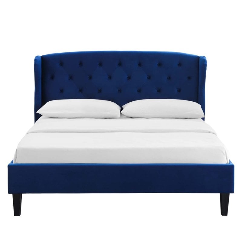Pemberly Row Tufted Wingback Queen Velvet Platform Bed in Navy