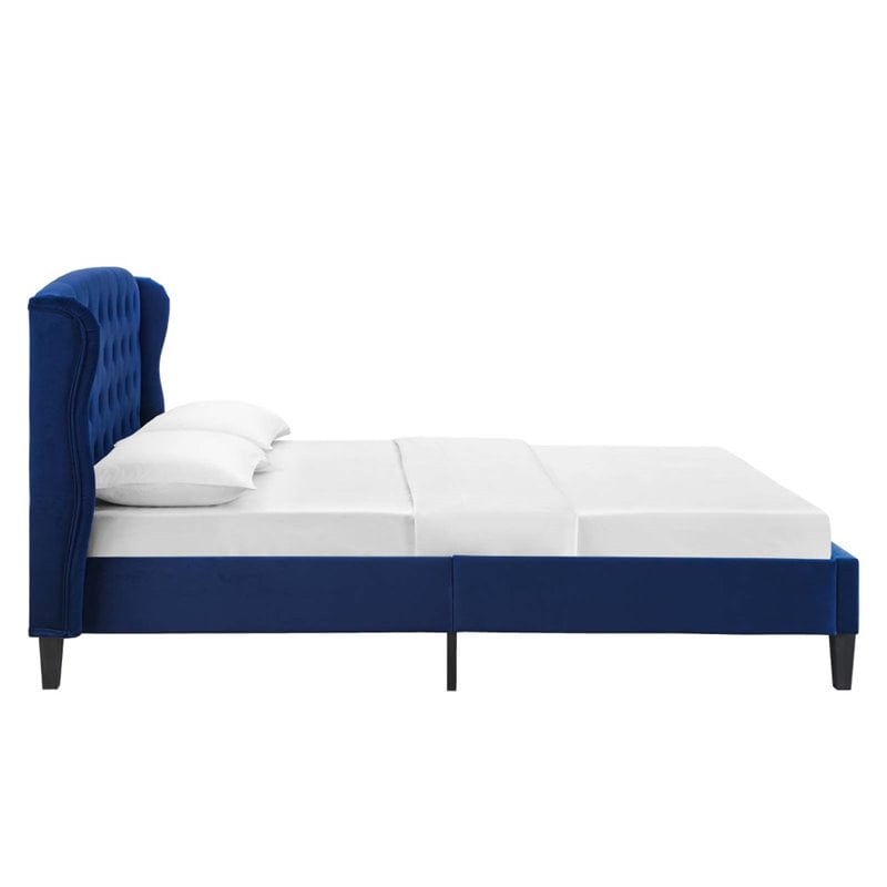 Pemberly Row Tufted Wingback Queen Velvet Platform Bed in Navy