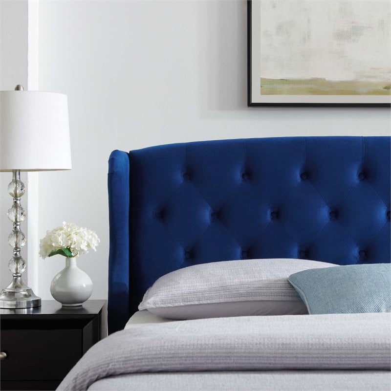 Pemberly Row Tufted Wingback Queen Velvet Platform Bed in Navy