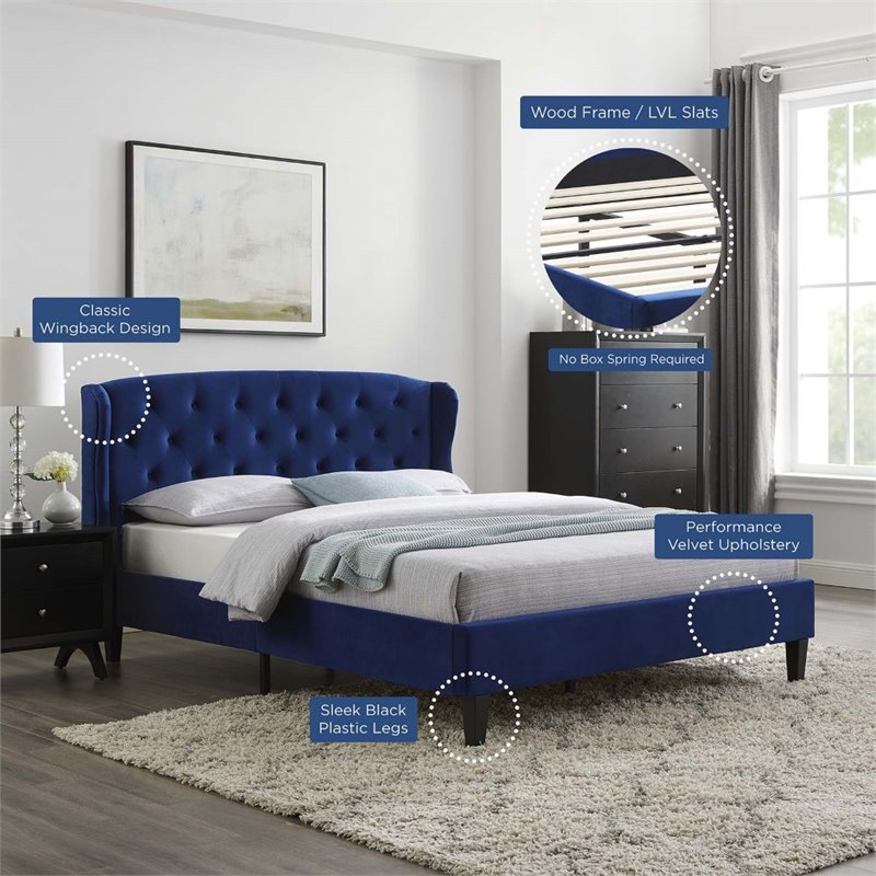 Pemberly Row Tufted Wingback Queen Velvet Platform Bed in Navy