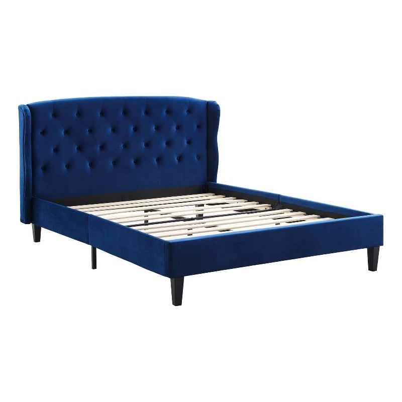 Pemberly Row Tufted Wingback Queen Velvet Platform Bed in Navy