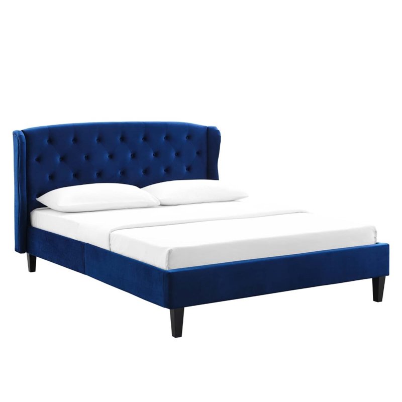 Pemberly Row Tufted Wingback Queen Velvet Platform Bed in Navy
