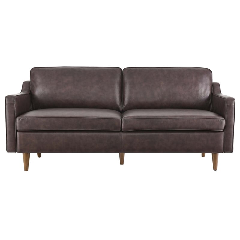 Pemberly Row Genuine Leather Upholstered Sofa in Brown Finish