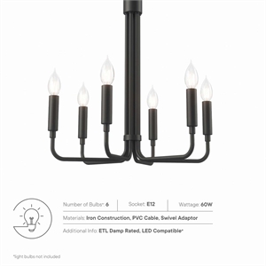 Pemberly Row 6-Light Modern Iron Metal Chandelier in Black Finish
