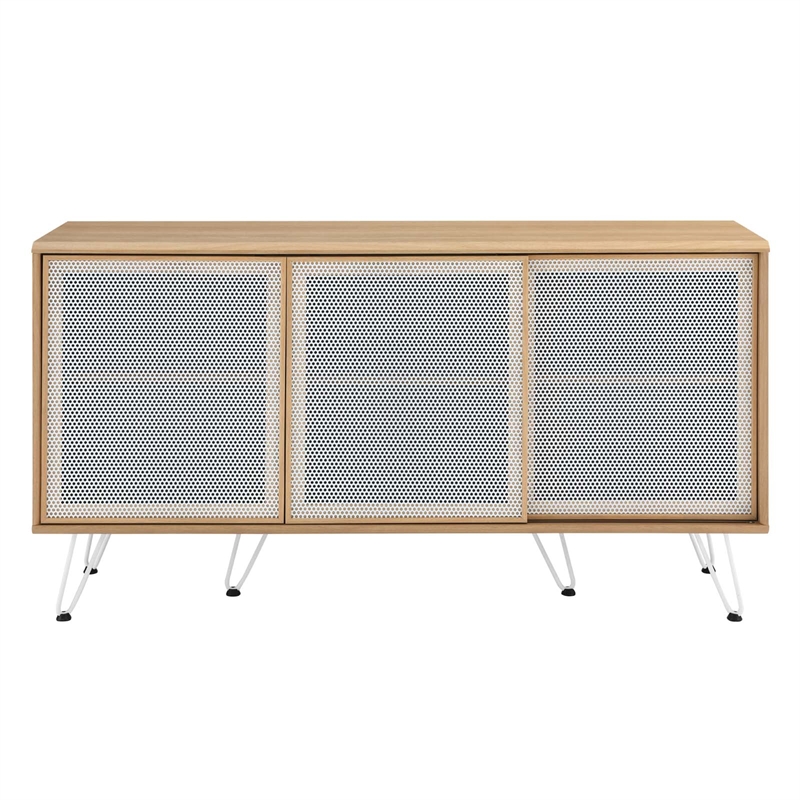 Pemberly Row Oak Wood Grain Laminate Sideboard with Mesh Doors