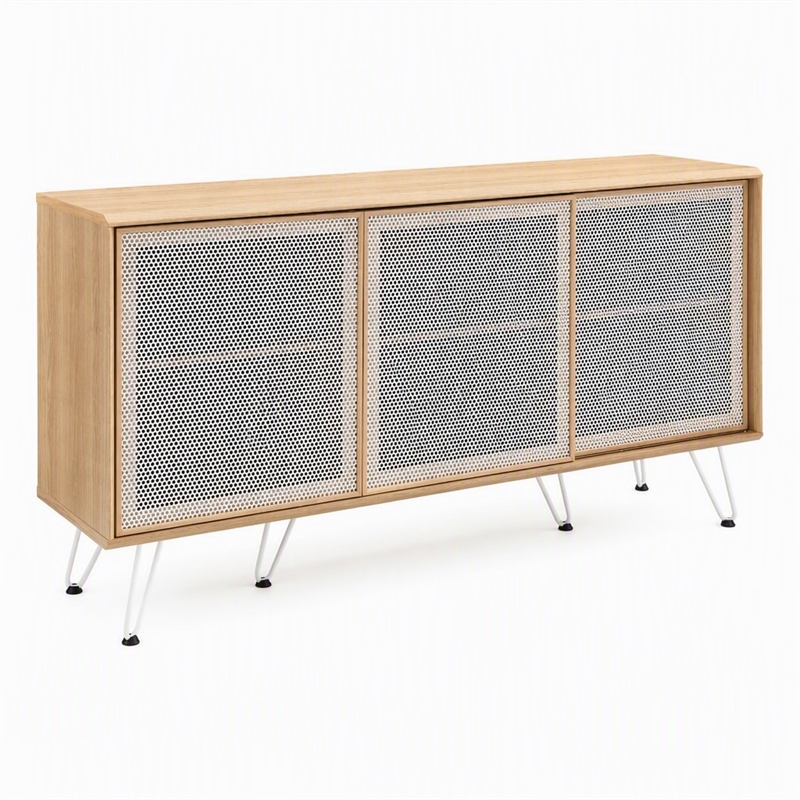 Pemberly Row Oak Wood Grain Laminate Sideboard with Mesh Doors