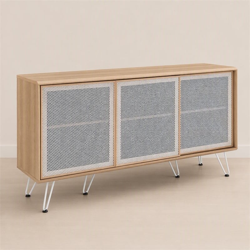 Pemberly Row Oak Wood Grain Laminate Sideboard with Mesh Doors