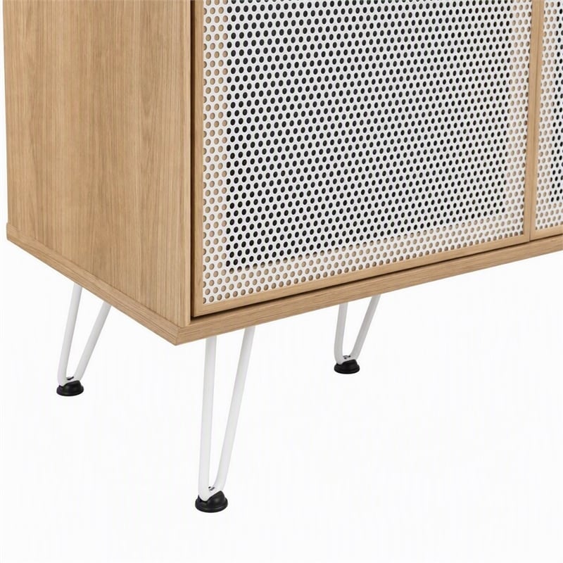 Pemberly Row Oak Wood Grain Laminate Sideboard with Mesh Doors