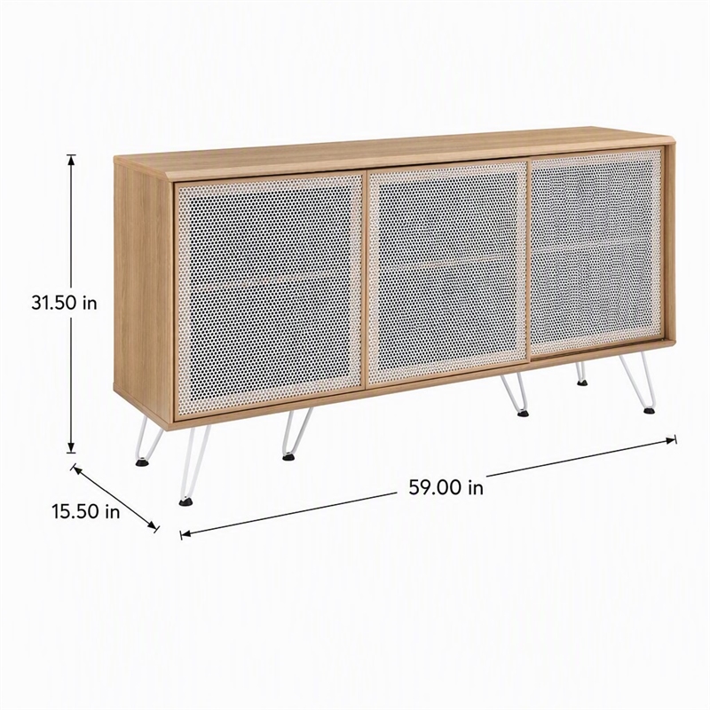 Pemberly Row Oak Wood Grain Laminate Sideboard with Mesh Doors