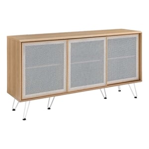 Pemberly Row Oak Wood Grain Laminate Sideboard with Mesh Doors