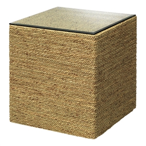 Pemberly Row Handwoven Rattan & Tempered Glass Side Table in Natural Finish