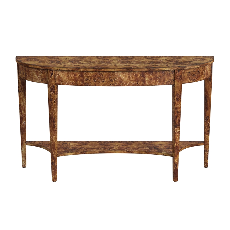 Pemberly Row Burl Wood Demilune Console Table in Medium Brown