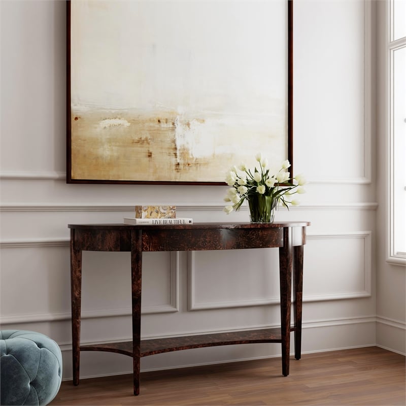 Pemberly Row Burl Wood Demilune Console Table in Dark Brown
