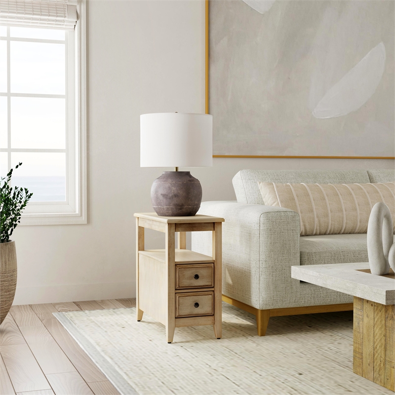 Pemberly Row Marcus Wood Side Table with Storage in Antique Beige Finish