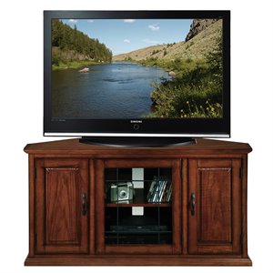 Pemberly Row 50&quot Corner TV Stand with Leaded Glass Panels in Burnished Oak