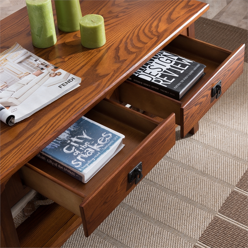 Pemberly Row Wood Coffee Table with Two-Drawer Storage in Russet Finish