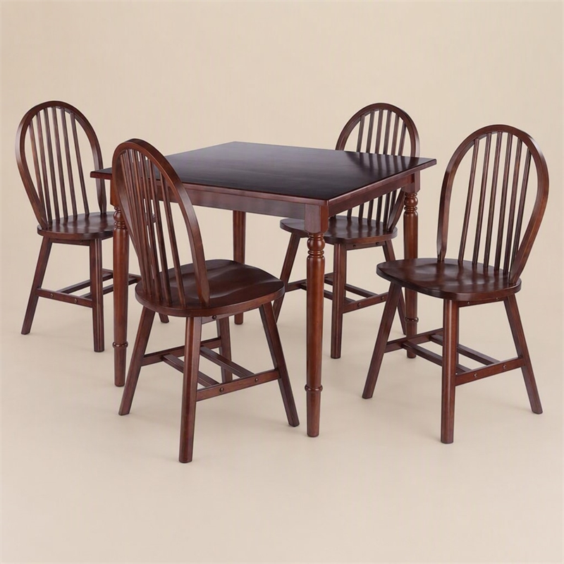 Pemberly Row 5-Piece Solid Wood Dining Table Set with Windsor Chairs in Walnut