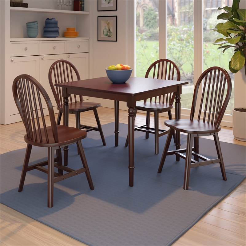 Pemberly Row 5-Piece Solid Wood Dining Table Set with Windsor Chairs in Walnut