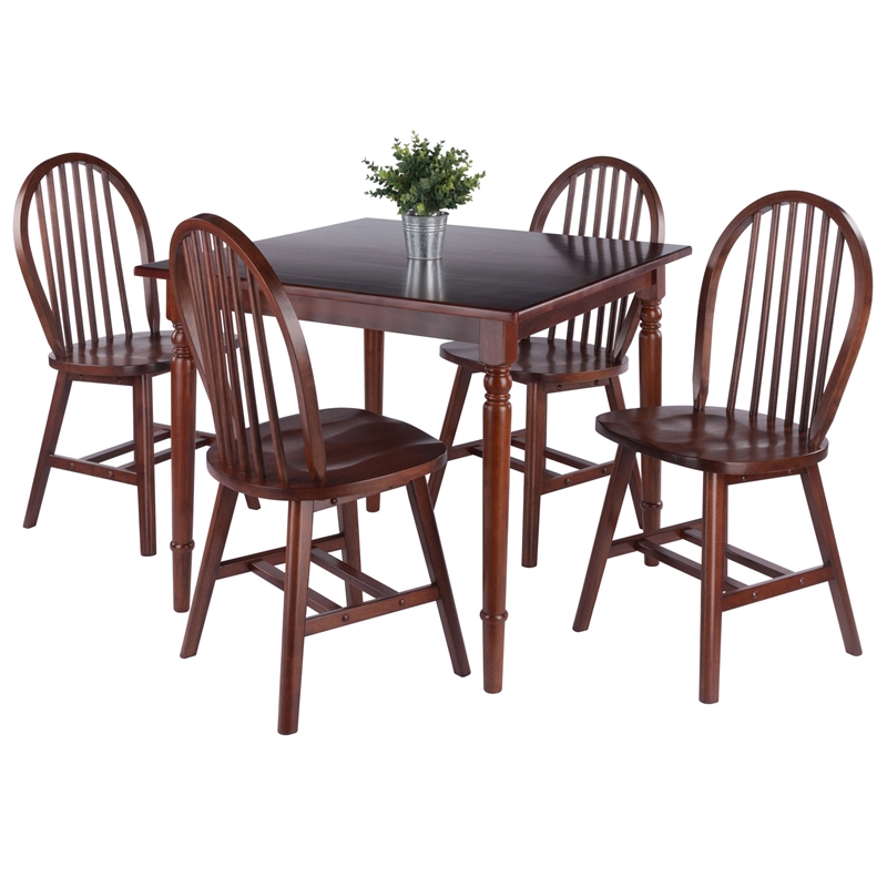 Pemberly Row 5-Piece Solid Wood Dining Table Set with Windsor Chairs in Walnut