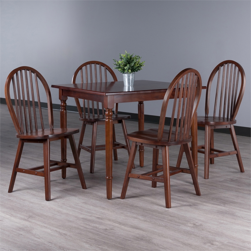 Pemberly Row 5-Piece Solid Wood Dining Table Set with Windsor Chairs in Walnut