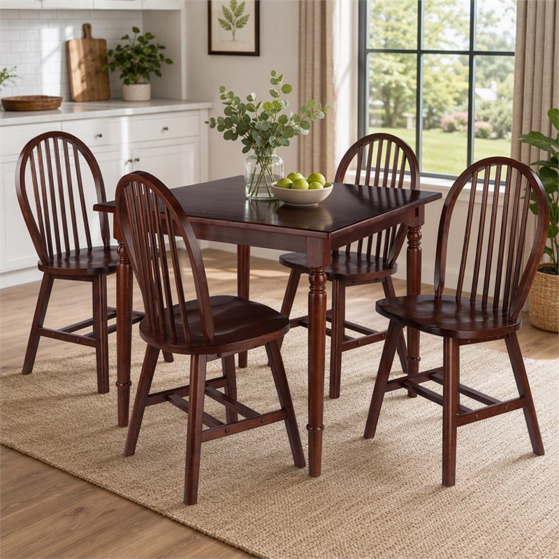 Pemberly Row 5-Piece Solid Wood Dining Table Set with Windsor Chairs in Walnut
