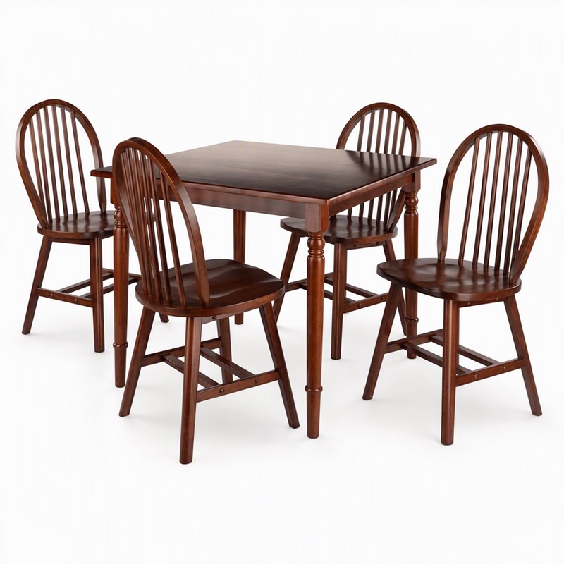 Pemberly Row 5-Piece Solid Wood Dining Table Set with Windsor Chairs in Walnut