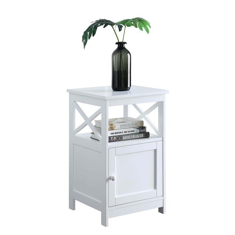 Pemberly Row Oxford End Table with Cabinet and Bottom Shelf in White Wood