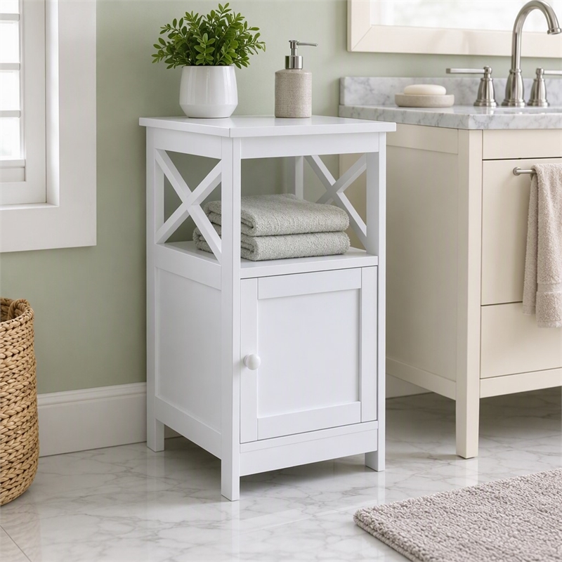 Pemberly Row Oxford End Table with Cabinet and Bottom Shelf in White Wood