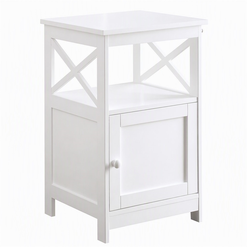 Pemberly Row Oxford End Table with Cabinet and Bottom Shelf in White Wood