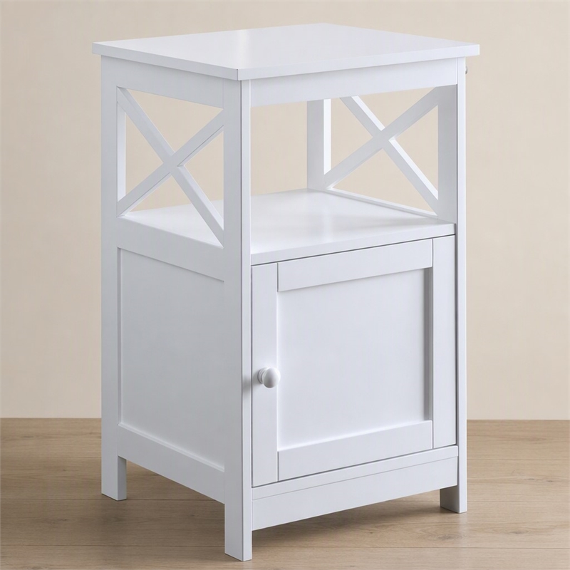 Pemberly Row Oxford End Table with Cabinet and Bottom Shelf in White Wood
