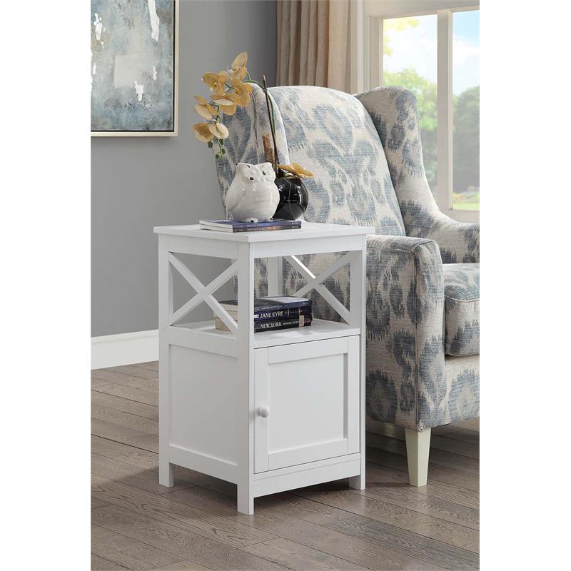 Pemberly Row Oxford End Table with Cabinet and Bottom Shelf in White Wood