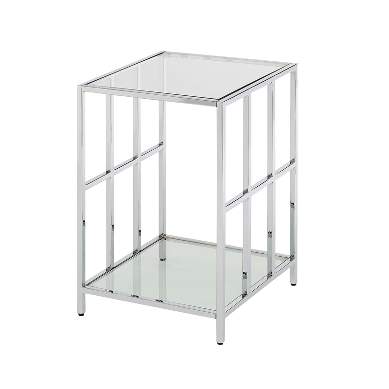 Pemberly Row Mission Glass End Table with Chrome Frame and 2 Tiers