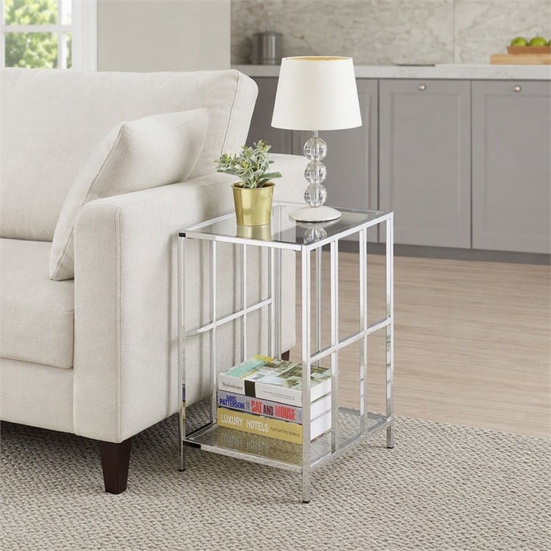 Pemberly Row Mission Glass End Table with Chrome Frame and 2 Tiers
