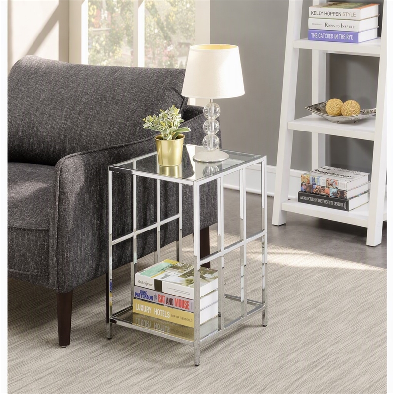 Pemberly Row Mission Glass End Table with Chrome Frame and 2 Tiers