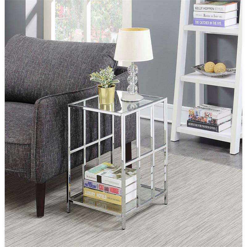 Pemberly Row Mission Glass End Table with Chrome Frame and 2 Tiers