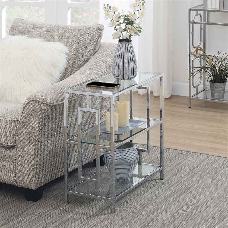 Pemberly Row 3-Tier Chrome Chairside End Table with Glass Shelves
