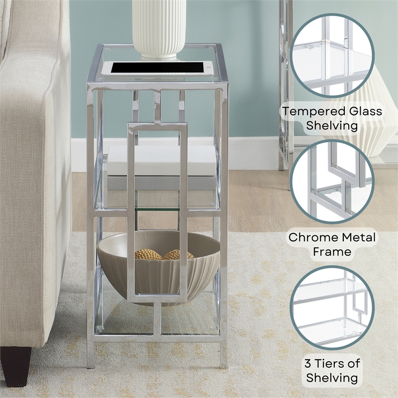 Pemberly Row 3-Tier Chrome Chairside End Table with Glass Shelves