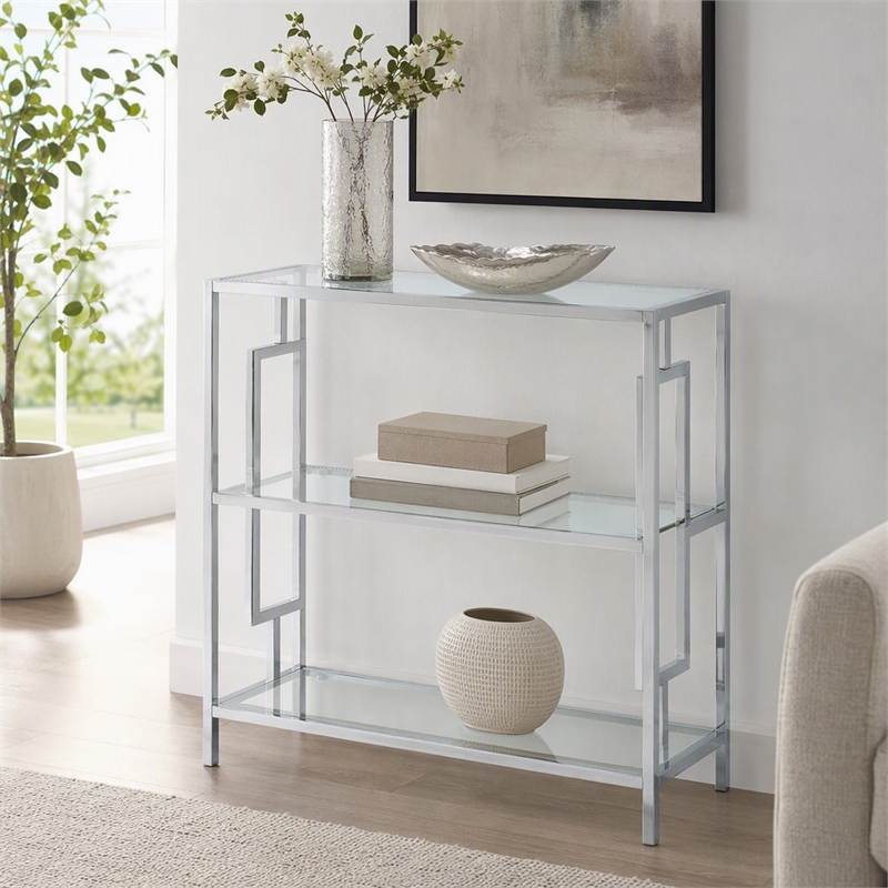 Pemberly Row 3-Tier Chrome Chairside End Table with Glass Shelves