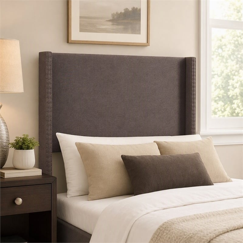 Pemberly Row Upholstered Full/Queen Wingback Headboard in Bourbon Linen