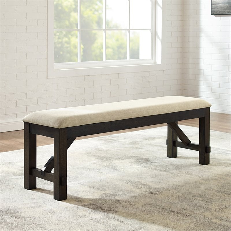 Pemberly Row Wood Bench with Upholstered Slate and Cream Linen Seat