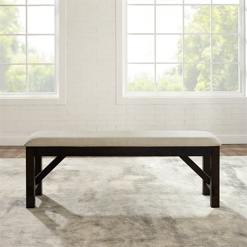 Pemberly Row Wood Bench with Upholstered Slate and Cream Linen Seat