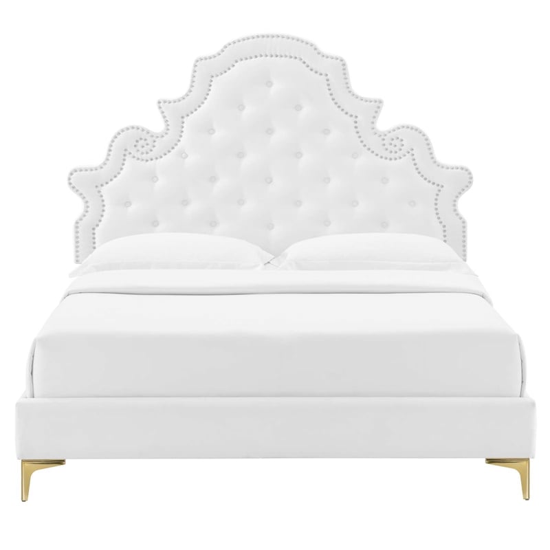 Pemberly Row Full Platform Bed in White with Velvet Upholstery