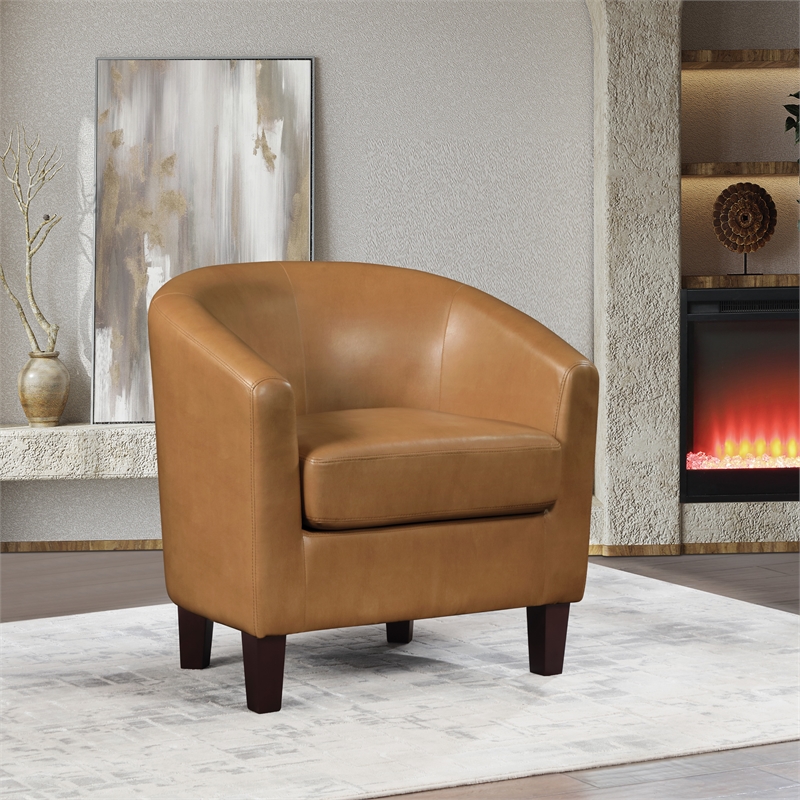 Pemberly Row Camel Faux Leather Tub Chair with Dark Espresso Wood Legs
