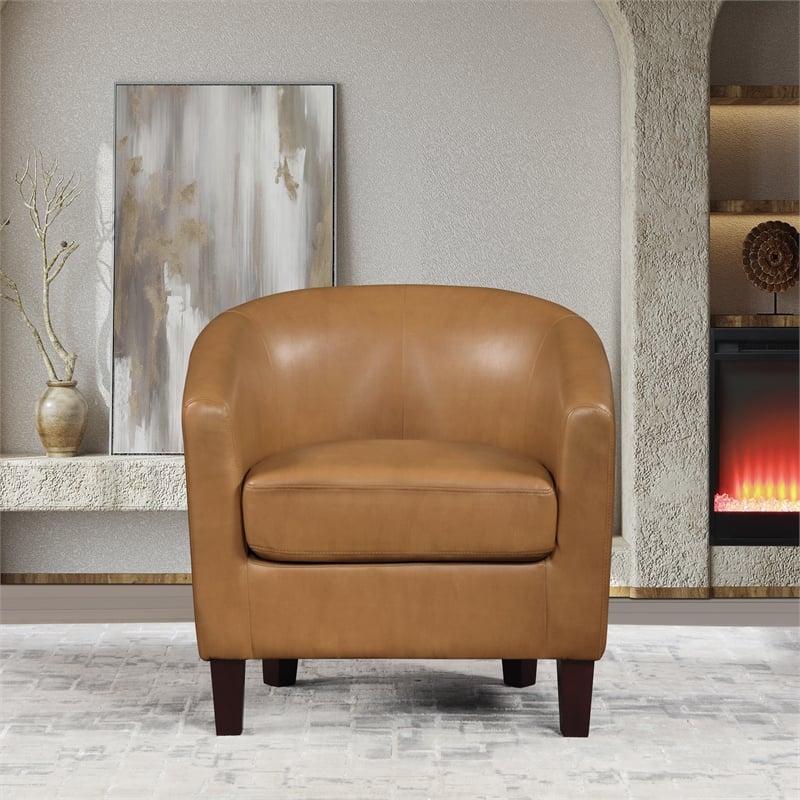 Pemberly Row Camel Faux Leather Tub Chair with Dark Espresso Wood Legs
