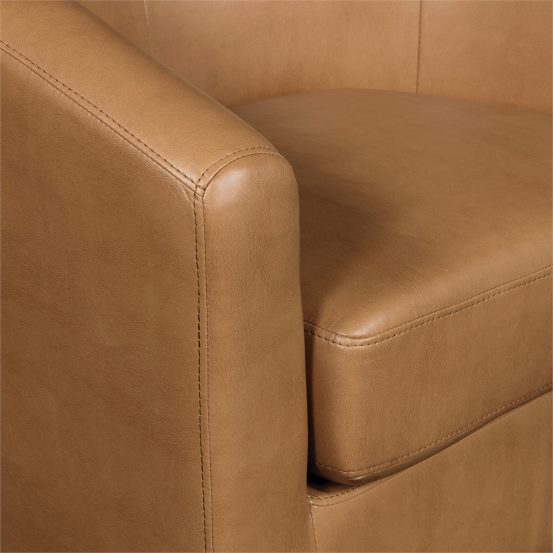 Pemberly Row Camel Faux Leather Tub Chair with Dark Espresso Wood Legs