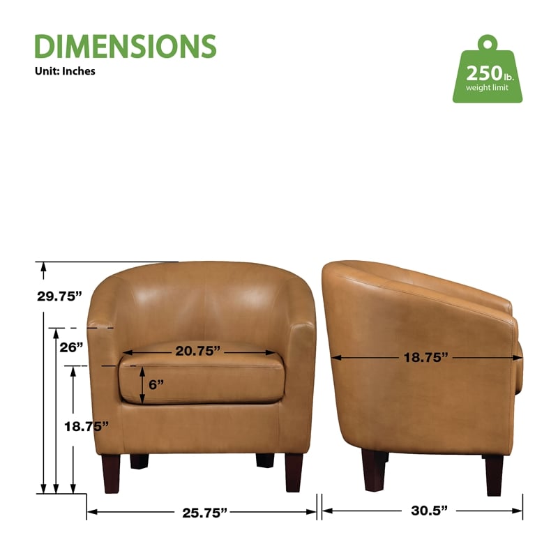 Pemberly Row Camel Faux Leather Tub Chair with Dark Espresso Wood Legs